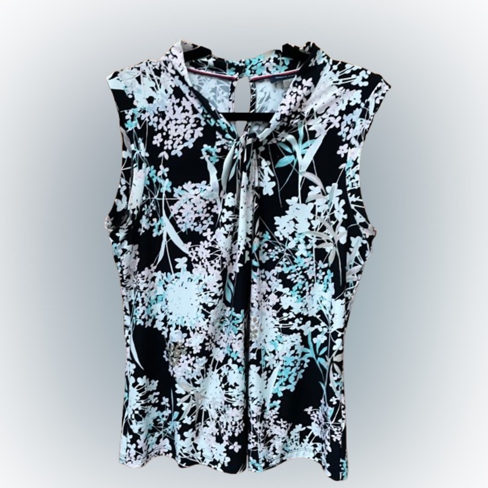 RESERVED VVA Tommy Hilfiger Womens Floral Print Knot Neck Knit Top Black Multi - Picture 2 of 11